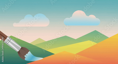 Abstract landscape painting with a brushstroke adding vibrant blue to the scenery and whimsical