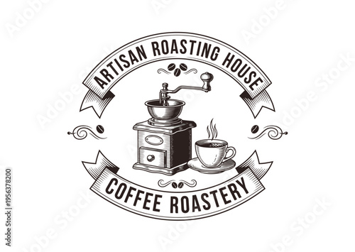Vintage monochrome logo for 'Artisan Roasting House Coffee Roastery' featuring a classic hand grinder and a steaming cup.