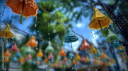Songkran Water Festival at thai temple garden songkran festival buddhist lantern decorations water droplets rolling off umbrella fabric