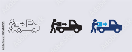 A minimalist vector illustration representing a delivery or logistics service, a person loading a package onto a delivery truck, commonly used to denote shipping, transportation, or courier services. 