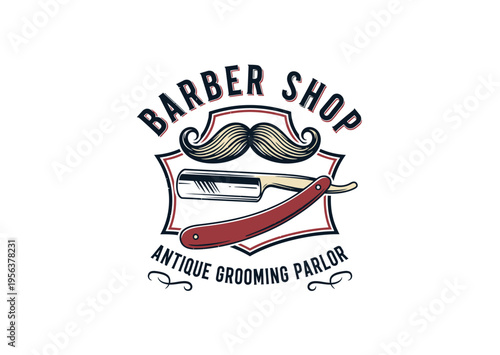 Vintage barber shop logo featuring a classic straight razor and a stylized mustache within a shield emblem, with 'Barber Shop' and 'Antique Grooming Parlor' text.