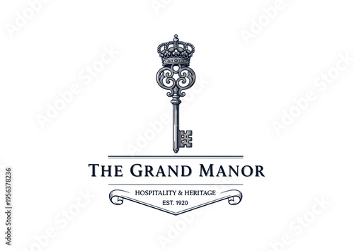 Cuadro en lienzo Elegant logo for The Grand Manor featuring a crowned antique key, symbolizing hospitality, heritage, and luxury, with decorative text and scroll