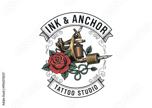 Vintage-style logo for Ink & Anchor Tattoo Studio featuring a classic tattoo machine, a vibrant red rose, and decorative banners.