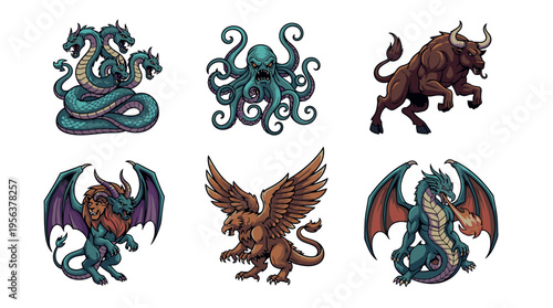 A collection of six mythical creatures including hydra, octopus, minotaur, dragons, and griffin in a detailed illustration style.