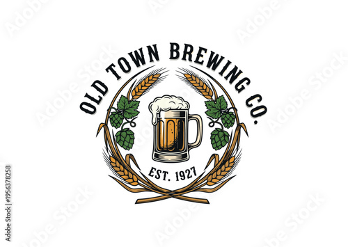 Vintage style logo for Old Town Brewing Co. featuring a frothy beer mug, hops, and wheat stalks in a circular design with 'EST. 1927'.
