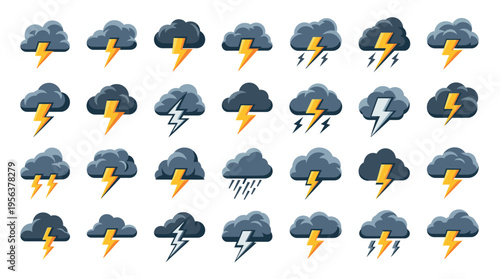 Collection of various cartoon storm cloud icons with lightning and rain, depicting different weather conditions and forecasts.