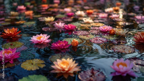 Songkran Water Festival at thai temple garden songkran festival lotus flowers floating on water ripples spreading across pond surface