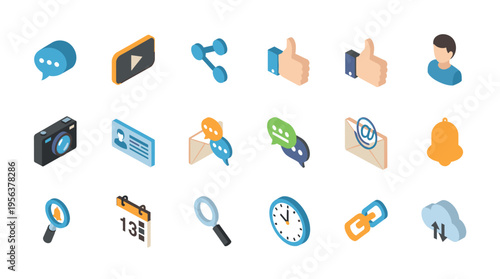 A collection of isometric 3D icons representing various social media, communication, and web application functions, including chat, video, share, like, profile, camera, calendar, and search.