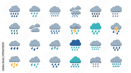 A comprehensive set of weather icons depicting various rain conditions, including clouds with falling raindrops and some with lightning bolts.