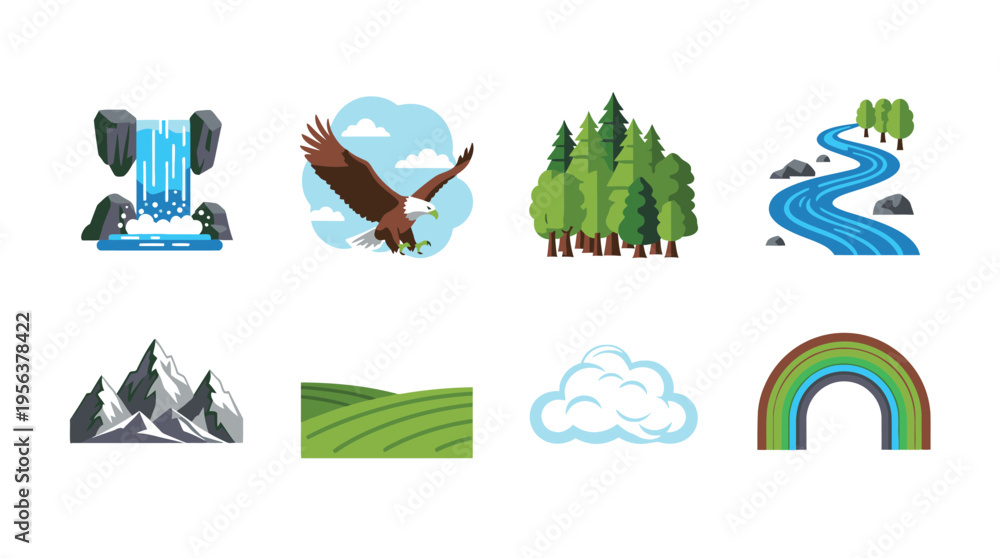 Fototapeta premium Collection of natural landscape elements and weather phenomena including a waterfall, flying eagle, forest, river, mountains, hills, cloud, and rainbow.