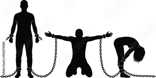 Black silhouettes of people in chains, representing human trafficking, slavery, modern bondage, prisoner captivity, struggle for freedom, addiction, and emotional imprisonment.
