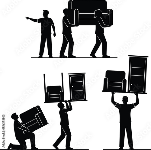 Professional movers carrying furniture silhouettes, relocation service team lifting sofa and cabinet, home moving company logistics, and heavy furniture delivery.