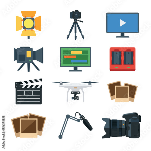 Professional filmmaking and photography equipment icons featuring a