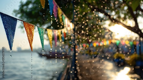 Songkran Water Festival at bangkok riverside songkran promenade colorful festival flags fluttering water droplets sparkling in sunlight