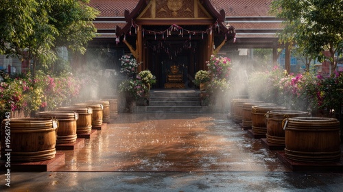 Songkran Water Festival at bangkok temple entrance songkran decorations traditional wooden water tubs water mist drifting through the air