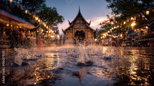 Songkran Water Festival at chiang mai old temple gate festival traditional silver water bowls water splashes scattering across ground