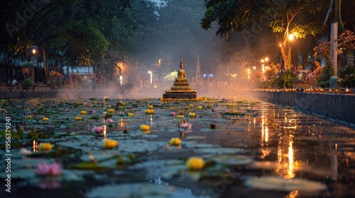 Songkran Water Festival at thai temple lotus pond festival buddha altar flower offerings water mist floating above pavement