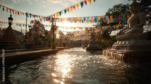 Songkran Water Festival at bangkok street festival decorations colorful festival flags fluttering water flowing gently over buddha statue