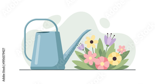 Aesthetic composition featuring a blue watering can and vibrant pastel colored flowers arrangement