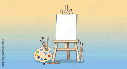 Aesthetic canvas and painting equipment arranged on a captivating pastel background ready for