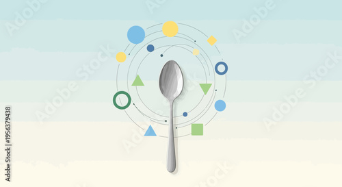 Aesthetic spoon with geometric shapes orbiting, creates a modern and clean design approach
