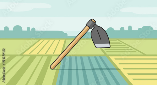 Agricultural landscape illustration with hoe tool over colorful cultivated fields