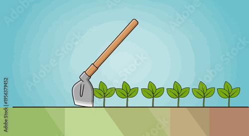 Agricultural endeavors: Illustration of hoe and seedlings in cultivated soil under a bright sky