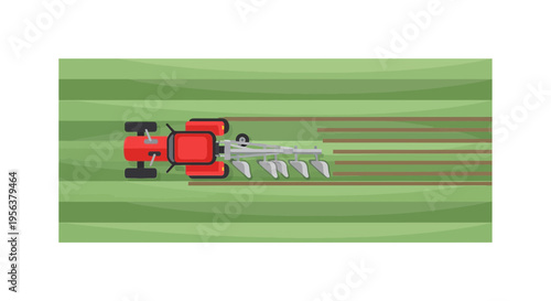 Agricultural landscape featuring a red tractor plowing a vast green field with precise lines