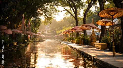 Songkran Water Festival at thai temple garden songkran festival traditional thai umbrellas water drifting slowly along canal