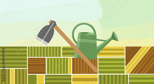 Agricultural tools illustration in a stylized landscape featuring a watering can and a hoe set