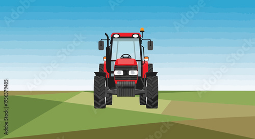 Agricultural Power: Frontal View of a Red Tractor in a Verdant Field Under Clear Skies