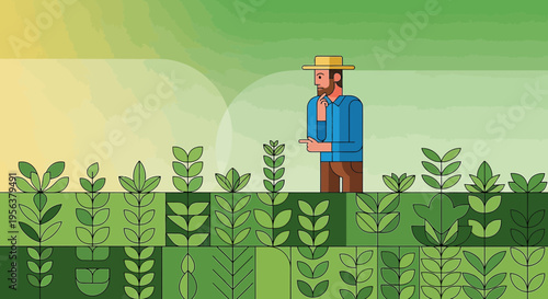 Agronomist observing crop growth with an outline art style and light shades of green and yellow