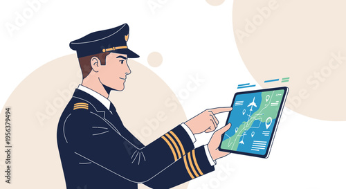 Aircraft pilot using digital tablet for flight navigation and modern aviation technology planning