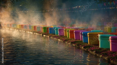 Songkran Water Festival at thai temple lotus pond festival colorful water buckets lined up water mist drifting through the air