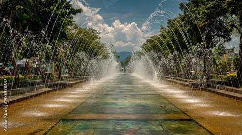 Songkran Water Festival at chiang mai festival bridge walkway colorful water splash arcs water splashes spreading across plaza