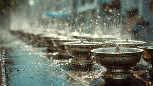 Songkran Water Festival at bangkok street festival decorations silver ceremonial bowls rows water droplets suspended in air