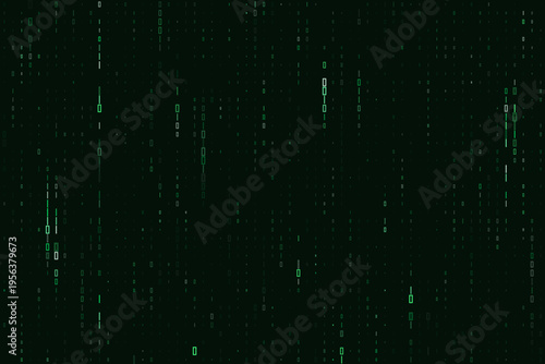 Quantum computing data stream with green binary code falling on black background for cybersecurity
