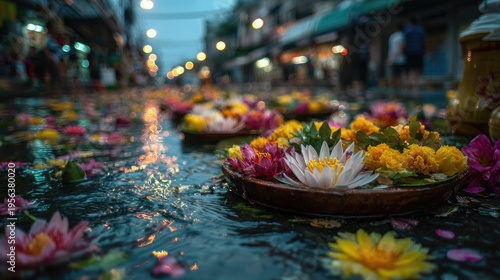 Songkran Water Festival at bangkok khao san road songkran festival street lotus flowers floating on water water overflowing from clay jars
