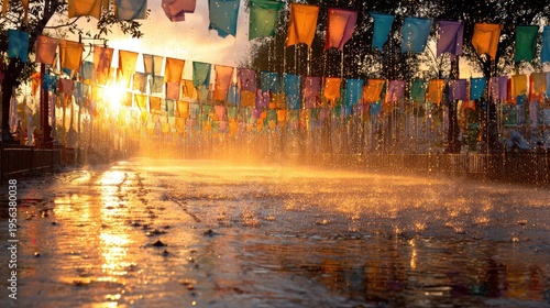 Songkran Water Festival at chiang mai temple square festival colorful festival flags fluttering water splashes scattering across ground