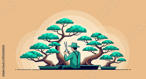 Artistic depiction of a bonsai artist carefully shaping miniature trees in tranquil environment