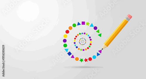 Artistic depiction of a spiral created with colorful shapes drawn by a pencil tool