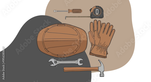 Artistic depiction of construction worker safety equipment and hand tools on a neutral backdrop
