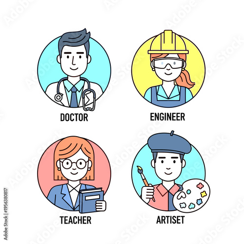 Diverse professional avatars set: doctor, engineer, teacher, and artist in a colorful line art style, representing various careers.
