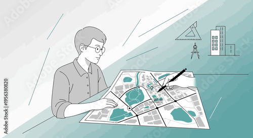 Architectural planning and urban design showcase with geometric tools and building representation