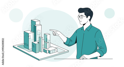 Architectural visionary presenting city planning with abstract building model project design