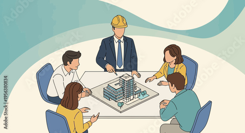 Architectural project meeting shows teamwork and construction development discussion process