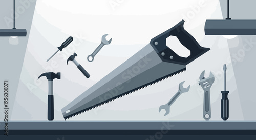 Arrangement of tools on a workbench showcasing a variety of implements for construction tasks