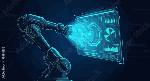 Automation interface graphic illustration depicting robotic arm interaction with digital display