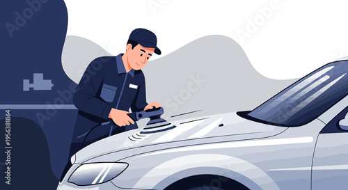 Automotive care specialist detailing vehicle paintwork with a polishing machine for glossy finish