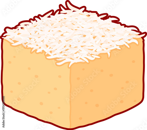 Bolo de coco, traditional Brazilian coconut sponge cake with shredded coconut. Cartoon vector clip art illustration.
